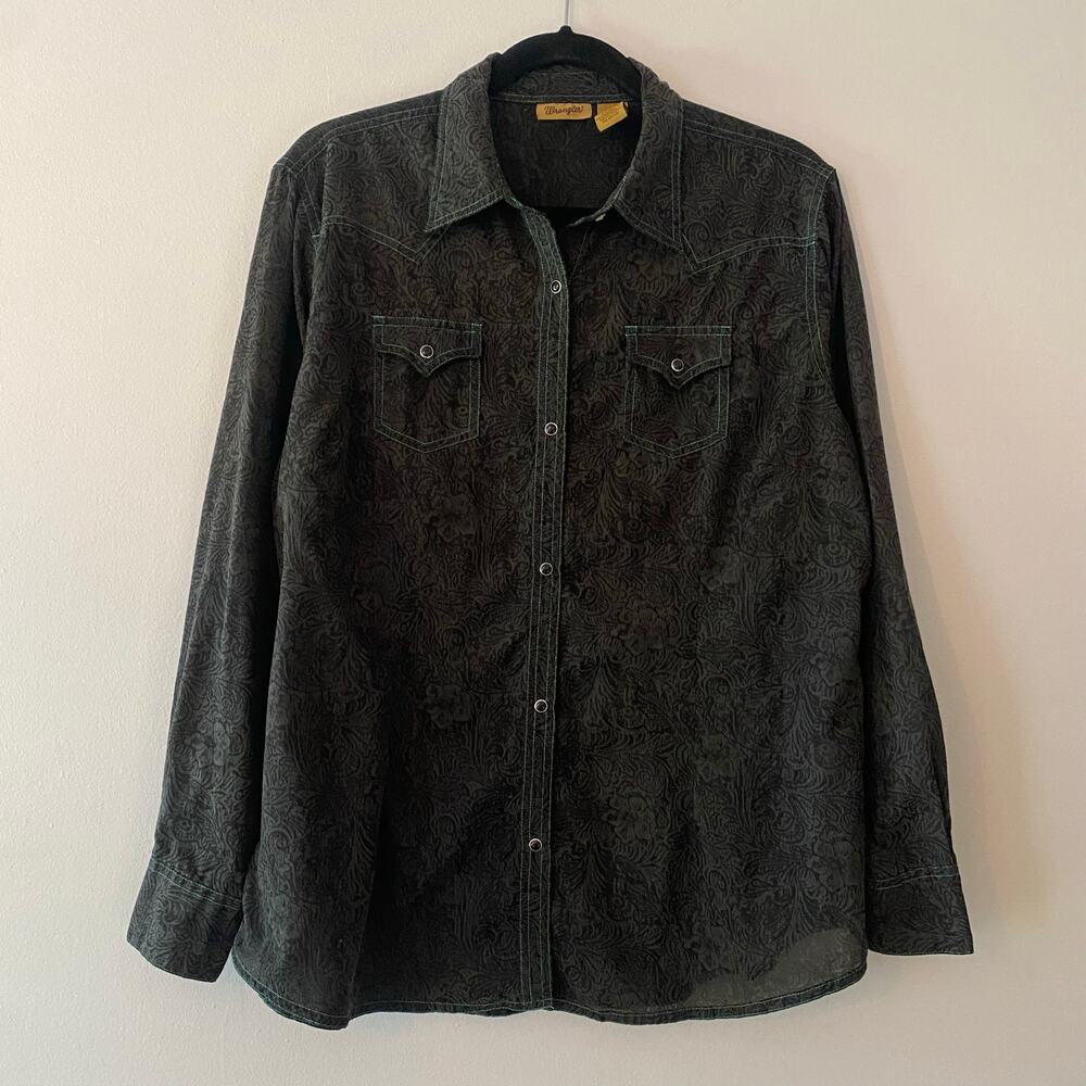 Wrangler Black Gray Paisley Print Pearl Snap Western Shirt Vintage Women size XL